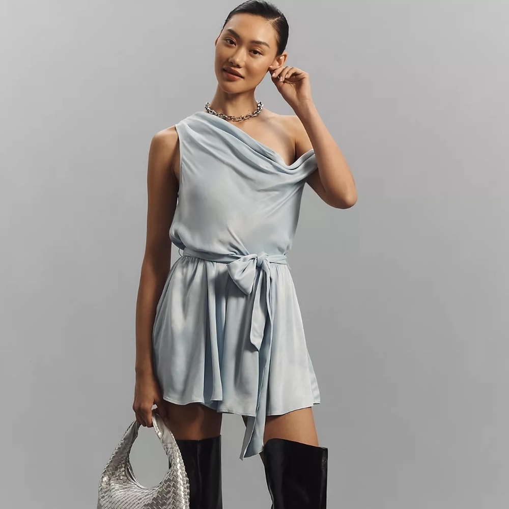 Maeve Off-the-shoulder Draped Belted Satin Romper Dress